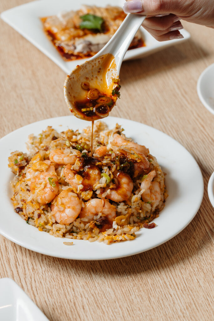 Prawn and egg fried rice with XO sauce, XO sauce, prawns, egg fried rice